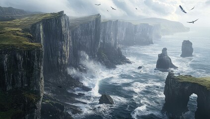 Birds fly over rugged cliffs and crashing waves.