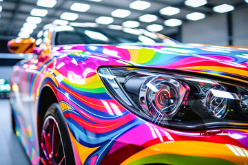 Close-up of a colorful, custom-painted car, showcasing vibrant automotive design and sleek headlights.