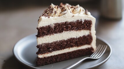 A chocolate cake slice with layers of cream and rich frosting, placed on a plate with a fork beside it.
