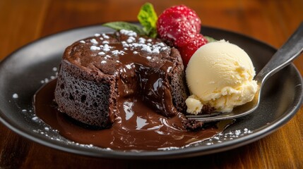 A chocolate lava cake with a molten center, oozing chocolate as a spoon cuts into it, served with a scoop of ice cream.