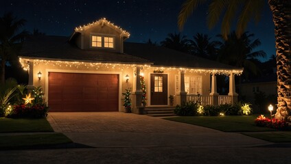 Christmas lights and decorations on tropical suburban house exterior at night, winter holiday seasonal decor