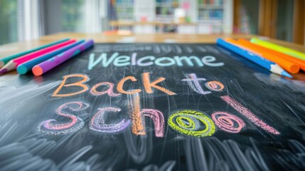 Colorful "Welcome Back to School" message written on a chalkboard with chalk pencils, symbolizing the start of a new school year.