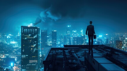 Businessman standing on building roof, night cityscape, holding briefcase, blue tone, wide-angle hyper realistic photo.