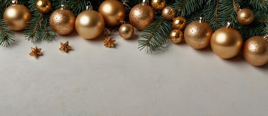 Christmas mood frame of gifts, green spruce, gold christmas decorations on white background. Copy space. New Year