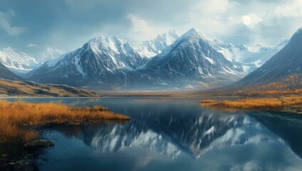 Snow-capped mountains reflected in a tranquil lake.