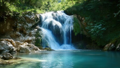 Waterfall cascading into a serene blue pool.