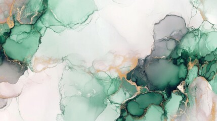A delicate abstract artwork featuring green and white marble patterns interlaced with gold accents.