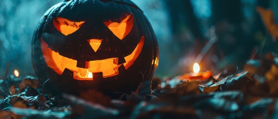 Carved Halloween pumpkin with glowing face in forest at night