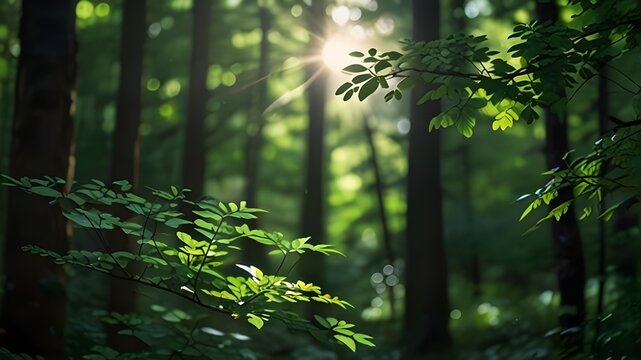 Green natural roundish bokeh background. Summer day in the forest. Green leaves and sun rays. 4K Generative AI