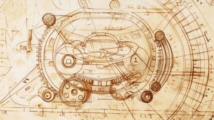 Abstract sketch of an ancient vehicle mechanism. The outline represents a spectacular project.