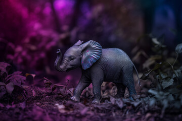 Fototapeta premium Miniature gray elephant on the background of forest and flowers. Animal welfare concept. Cute elephant. Zoo.