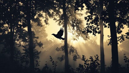 Misty forest sunrise with bird in flight.