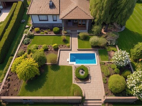 a backyard with a white aluminum horizontal fence with lush greenary,Modern house with beautiful landscape,Bello chalet blanco de dos plantas de estilo moderno con grandes ventanales, garaje y bonito 