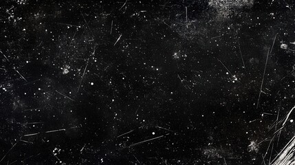 Black and white abstract texture with scattered white specks and scratches, creating a chaotic and grunge atmosphere.