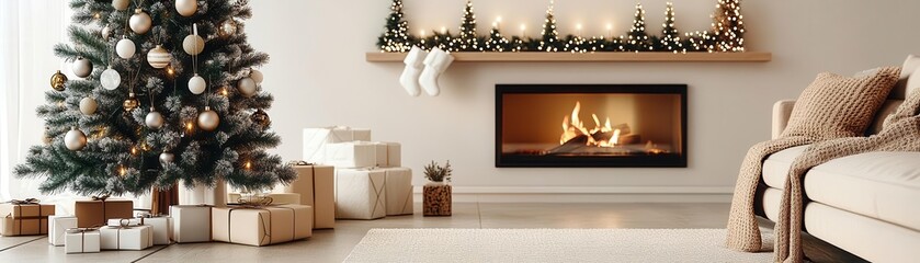 Obraz premium Cozy Christmas living room with a decorated tree, warm fireplace, 3D illustration