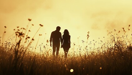 Silhouetted couple walking in a field at sunset.
