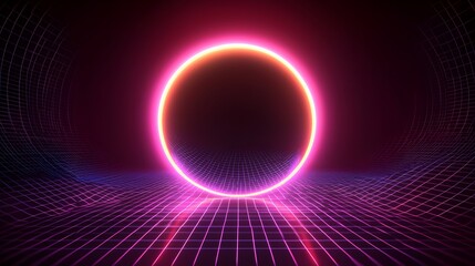 Glowing Neon Circle with Retro Grid Pattern on Dark Background