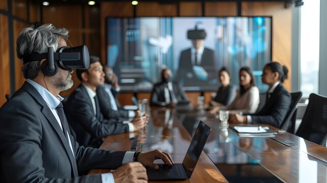 Business leader utilizing virtual reality for global team meeting and