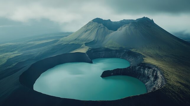 Majestic Trayaksan Mountain with three vibrant lakes in the crater, each a different color, showcasing nature's power and beauty