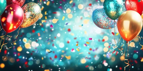 Vibrant Abstract Party Background: Festive Celebration with Lights, Confetti, and Balloons. Colorful AI-Generated Design for New Year, Christmas, Anniversaries, and Eco-Friendly Events. Elegant Minima
