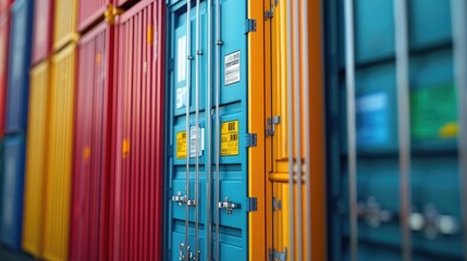 Fototapeta premium Close-up of shipping containers with barcodes and labels, 3D illustration