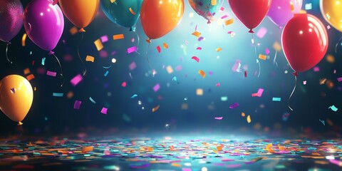 Vibrant Abstract Party Background: Festive Celebration with Lights, Confetti, and Balloons. Colorful AI-Generated Design for New Year, Christmas, Anniversaries, and Eco-Friendly Events. Elegant Minima