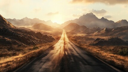 Obraz premium A long road leading into the distance, surrounded by rugged mountains and bathed in sunlight.