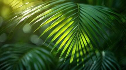 Obraz premium A closeup of a palm leaf, with its intricate patterns and shades of green creating a mesmerizing and beautiful image ,free space, with copy space for text
