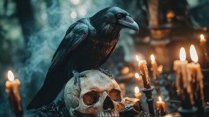 Raven Perched on Skull Surrounded by Candles in Dark, Gothic Setting