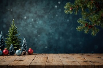 Empty Christmas table background with Christmas flat lay background on blue Christmas tree out of focus for product display montage