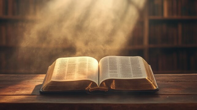 Old Bible open on a wooden table, illuminated by gentle sunlight, surrounded by a foggy, ethereal atmosphere.