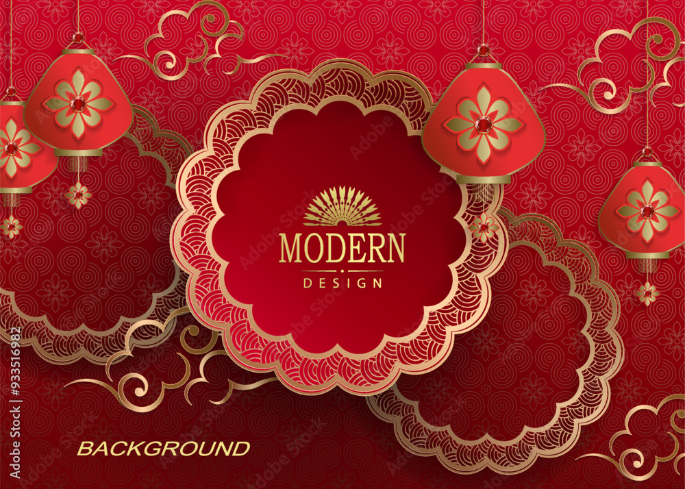 Wall mural great textured background in red with a round frame and golden clouds.