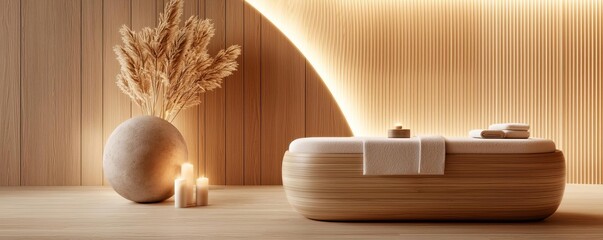 A massage room in a spa with a wooden table, soft lighting, and calming decor, designed for a soothing and harmonious experience