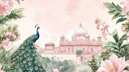 Pastel pink and green wedding invitation with an Indian palace, peacock, and flowers in a muted watercolor style.