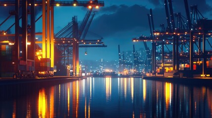 Obraz premium Nighttime shipyard, illuminated cranes and containers, 3D illustration 