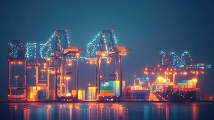 Obraz premium Nighttime shipyard, illuminated cranes and containers, 3D illustration