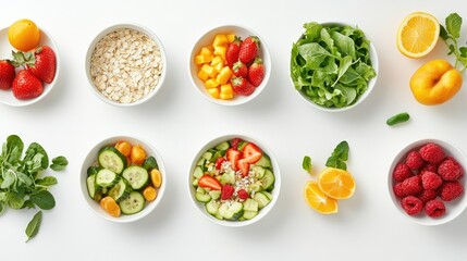 A nutritious top view of a meal with muesli, mixed vegetable salad, and fresh fruits, highlighting a balanced diet against a simple white background.