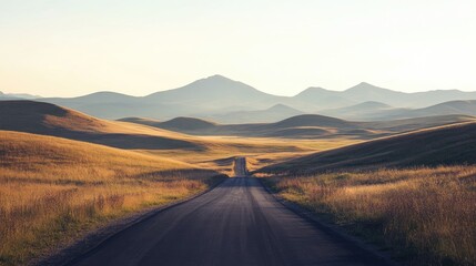 A peaceful landscape with a road leading through rolling hills towards distant mountains, under a clear sky.