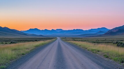 Fototapeta premium A peaceful landscape with a straight road heading towards distant mountains, with a clear, vibrant sky.