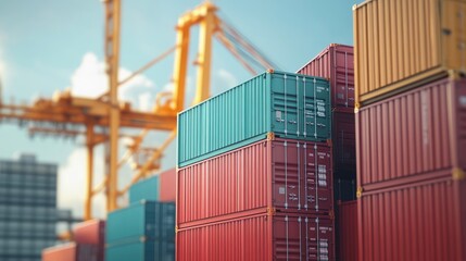 Stacked shipping containers, colorful arrangement in shipyard, 3D illustration