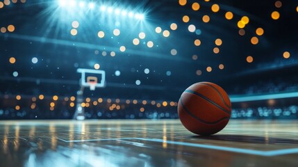 Obraz premium Basketball on the Court Under Stadium Lights