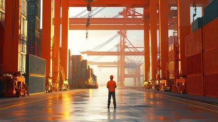 Fototapeta premium Worker operating crane in a container shipyard, shipping logistics, 3D illustration
