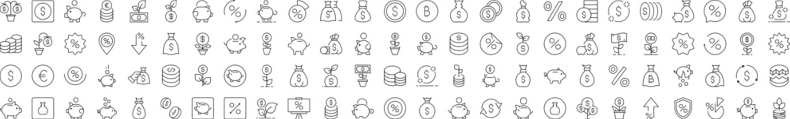 Piggy Bank, Percent, Coin, Tree Money Outline Style Icons for Design, Cards, Apps, Social Networks