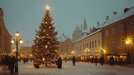 Obraz premium A picturesque Christmas scene in Tallinn's Town Hall Square, with the snow-covered square, festive lights, and a giant Christmas tree creating a warm holiday ambiance.