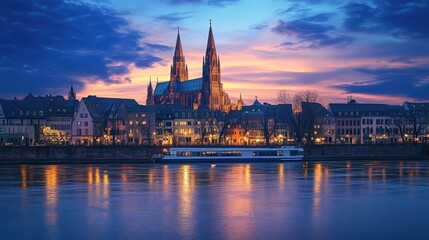 Fototapeta premium A picturesque evening scene of the Mainz Cathedral, with the cathedral illuminated by warm lights, and the sky painted in hues of blue and purple.