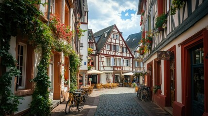 Fototapeta premium A picturesque view of Mainz's old city, with half-timbered houses, medieval architecture, and lively cafes nestled in the heart of this historic German town.