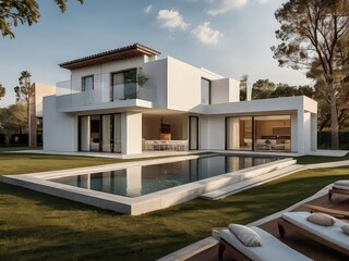 Fototapeta premium Traditional mediterranean white house with pool,Modern backyard of a swimming pool with house,Trendy outdoor modern house, awning and patio roof, garden lounge, chairs, metal grill surrounded by lands