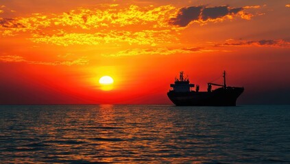 Fototapeta premium Silhouetted ship sailing at sunset.