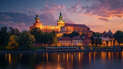 Fototapeta premium A picturesque view of Wawel Castle at dusk, with the twilight sky casting a gentle glow over the castle and the surrounding cityscape.