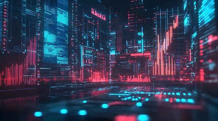 Fototapeta premium Futuristic AI-Powered Financial Trading Floor with Glowing Data Streams and Automated Systems